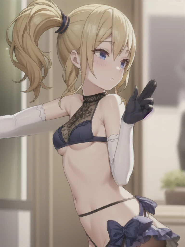 waving hair, side ponytail, lingerie, (elbow gloves)