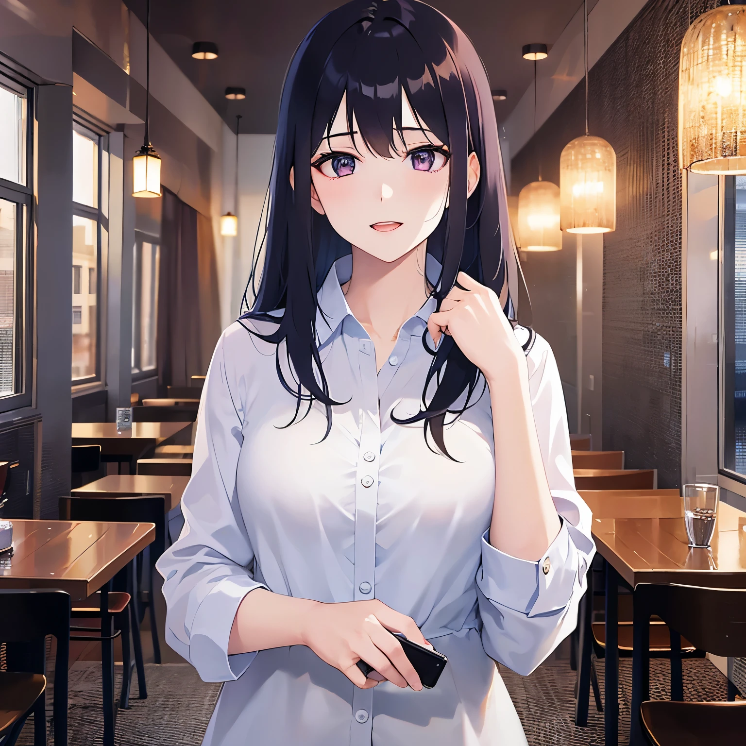 hand up, Upper Body, Realistic, real person, (pale skin: 1.2), RAW photo, photorealistic, shiny skin, shiny hair、(A 25-year-old woman with straight hair and bangs) and (medium hair) and (black hair) and (purple eyes) , (white collared shirt)、smile, open mouth, The background is the interior of a restaurant at night.、Alone、Are standing