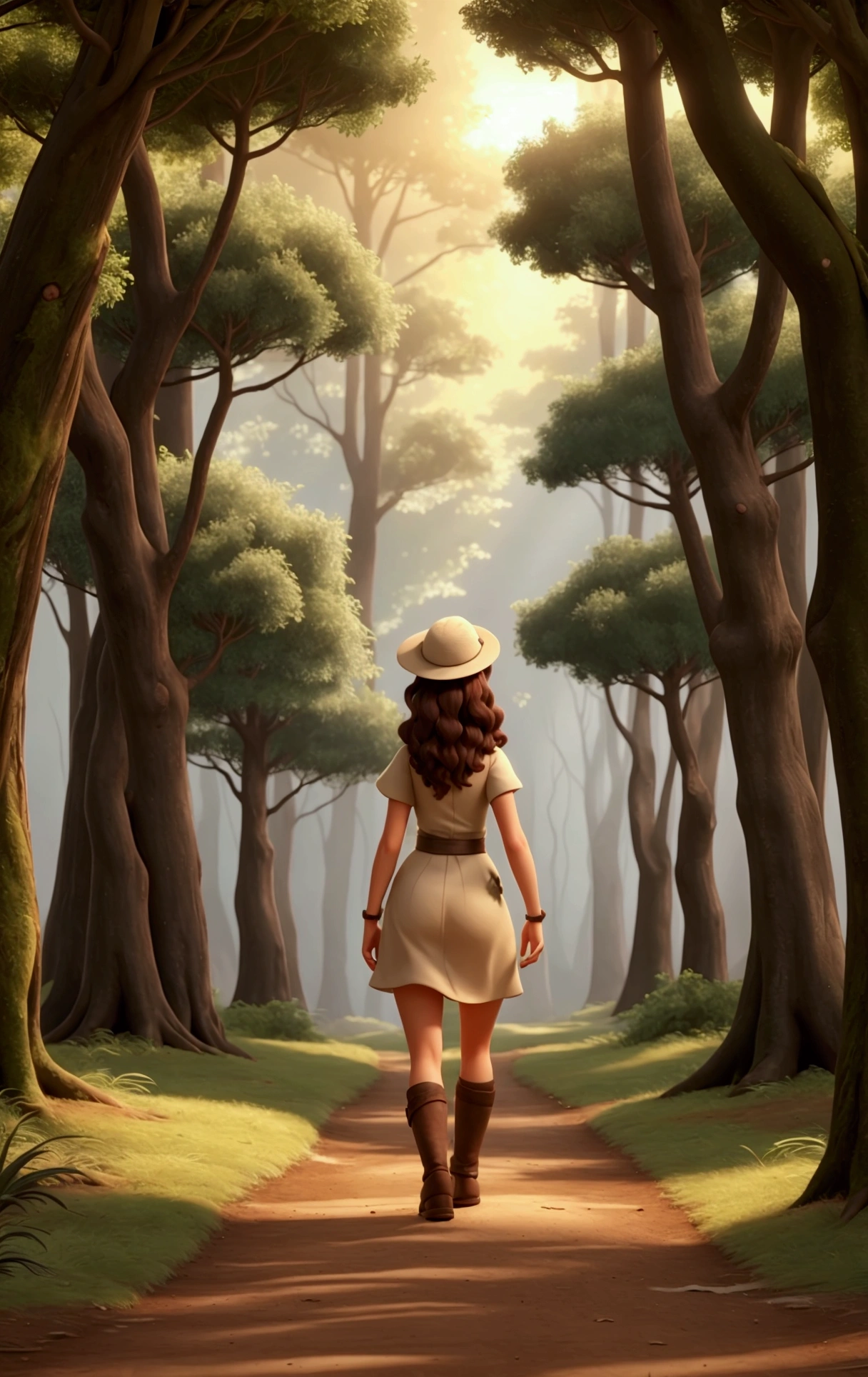 A walks through the forest with her back turned