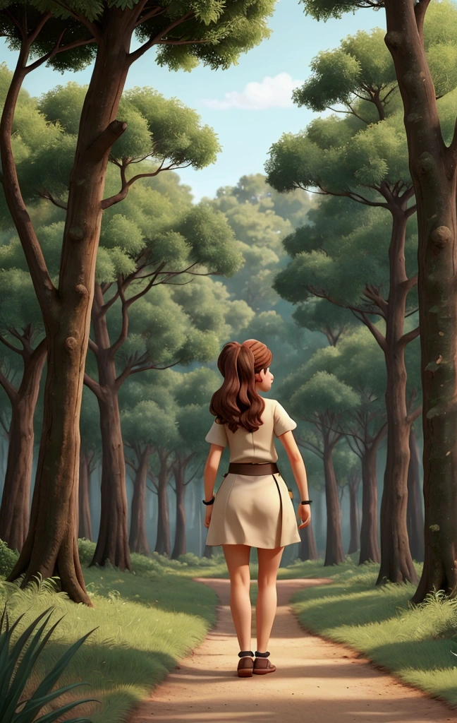 A walks through the forest with her back turned