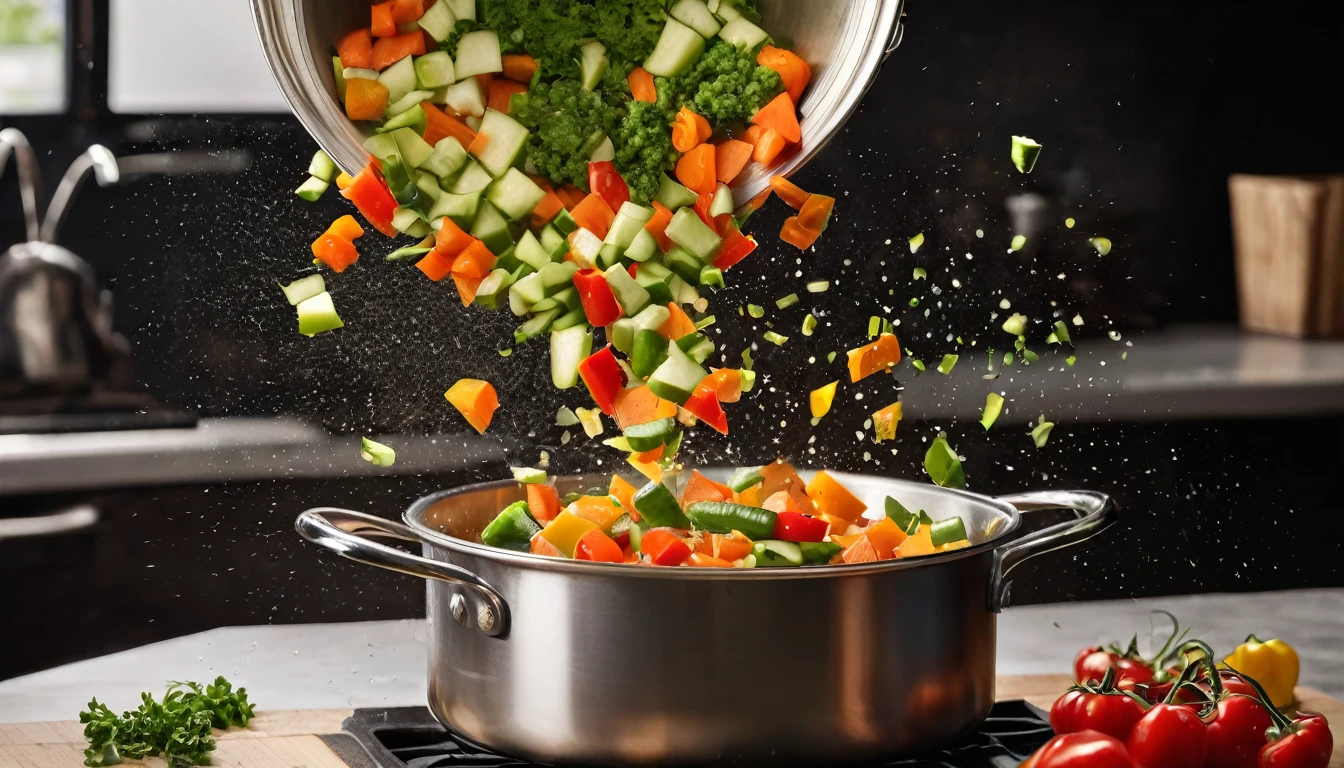 a picture of chopped vegetables falling into a pot like in a commercial
