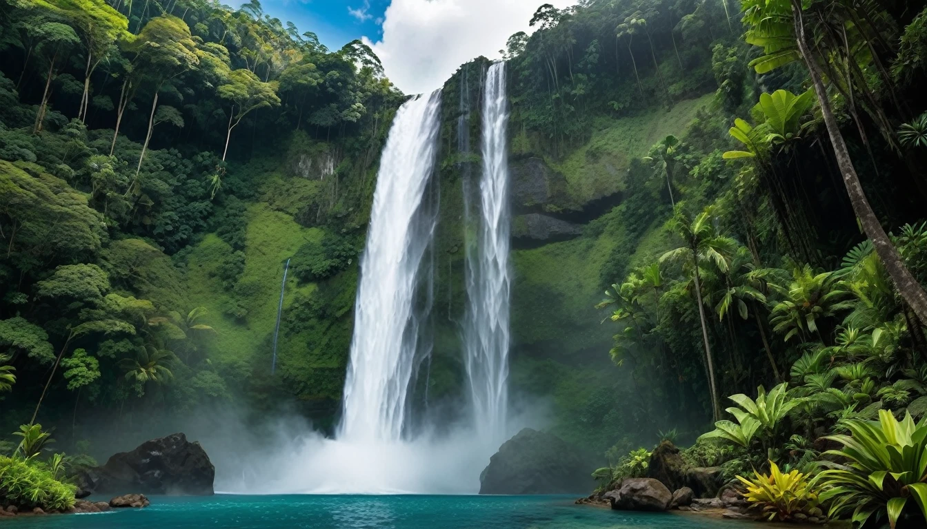 A majestic waterfall cascading down a lush green mountainside in the heart of a rainforest. The water is crystal clear and refreshing, and it crashes down into a pool at the bottom of the falls. The surrounding area is teeming with life, with plants of all shapes and sizes growing everywhere. There are also a variety of flowers in bloom, adding a splash of color to the scene. The overall impression is one of beauty and power, and the viewer is left feeling awestruck by the power of nature.