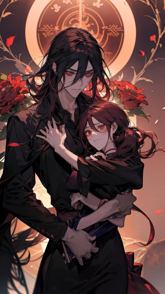 Anime girl with red hair and wearing a black suit holding a bouquet of red flowers, Yandere, Yandere. expensive, gapmoe Yandere, ( ( ( yoh yoshinari ) ) ), by Kamisaka Sekka, by Kamaguruka, gapmoe Yandere grimdark, Chainsaw Man, Written by Chi Dahe, Chainsaw Man manga
