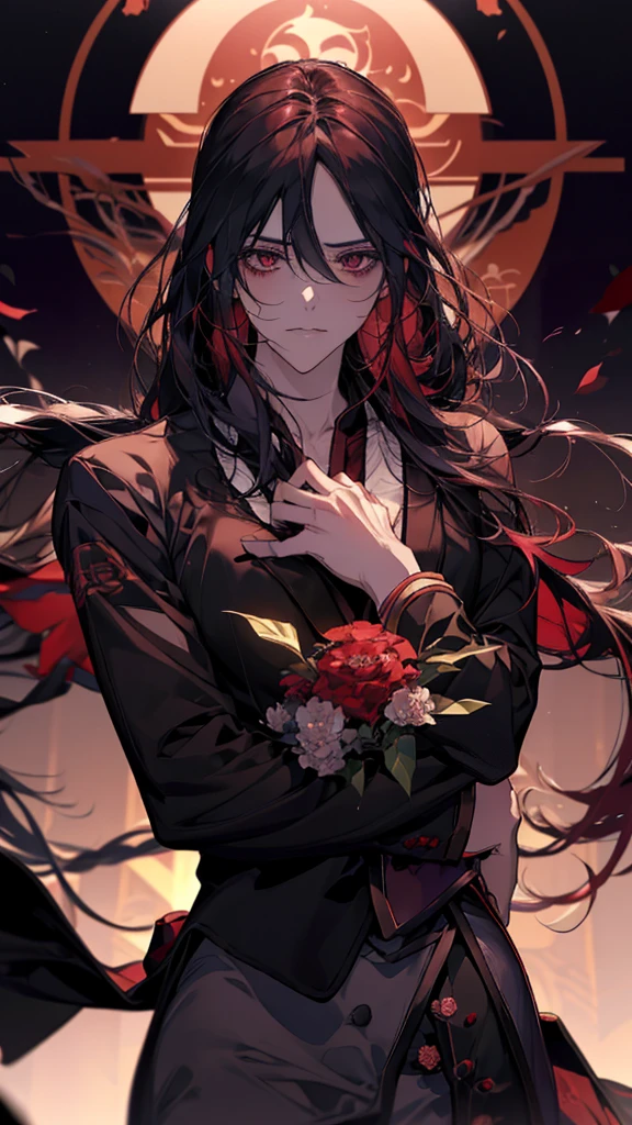 Anime girl with red hair and wearing a black suit holding a bouquet of red flowers, Yandere, Yandere. expensive, gapmoe Yandere, ( ( ( yoh yoshinari ) ) ), by Kamisaka Sekka, by Kamaguruka, gapmoe Yandere grimdark, Chainsaw Man, Written by Chi Dahe, Chainsaw Man manga
