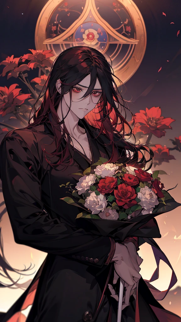 Anime girl with red hair and wearing a black suit holding a bouquet of red flowers, Yandere, Yandere. expensive, gapmoe Yandere, ( ( ( yoh yoshinari ) ) ), by Kamisaka Sekka, by Kamaguruka, gapmoe Yandere grimdark, Chainsaw Man, Written by Chi Dahe, Chainsaw Man manga