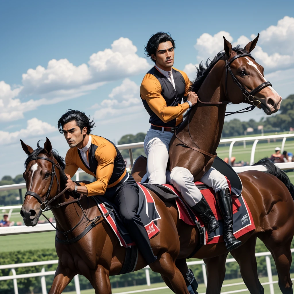 A 27 year old man that is a muscular, attractive, black hair with somewhat tan skin, brown eyes, sharp jawline, thick eyebrows, racing silks outfit with bright and colorful colors inspired by polo men. Horse race track in the background With people riding horses.