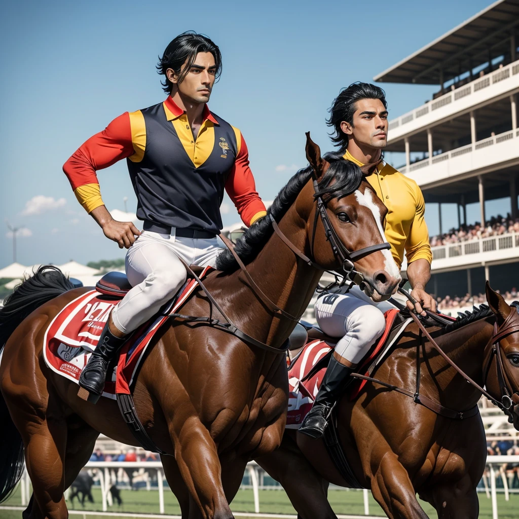 A 27 year old man that is a muscular, attractive, black hair with somewhat tan skin, brown eyes, sharp jawline, thick eyebrows, racing silks outfit with bright and colorful colors inspired by polo men. Horse race track in the background With people riding horses.