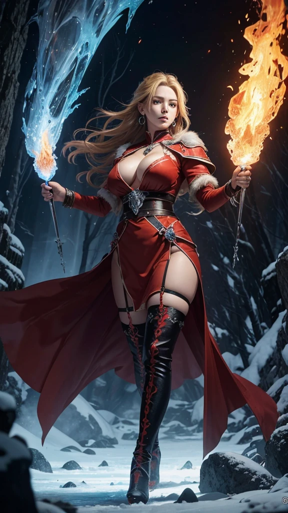 In a world where the spirits of fire and ice are in conflict, the fire spirits are invading the territory of the ice spirits. Clad in red flames, the fire spirits melt the ice caves and frozen forests, engaging in fierce battles with the ice spirits. The background depicts a magnificent scene of fire and ice clashing, with the most intense confrontation between fire and ice. 8k , HD, highly detailed, realistic, photography, photo realism, --ar 9:16 -- at 6.0 --s 750,
19 years old, alone, Long Hair, View your viewers, Blonde, Brown eyes, gem, whole body, Realistic, Sexy、Big Breasts 、stockings、clip on earrings,during,bracelet、embarrassed,blouse、