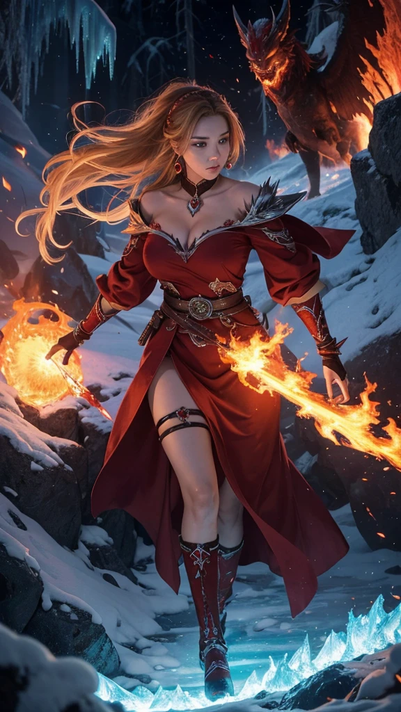 In a world where the spirits of fire and ice are in conflict, the fire spirits are invading the territory of the ice spirits. Clad in red flames, the fire spirits melt the ice caves and frozen forests, engaging in fierce battles with the ice spirits. The background depicts a magnificent scene of fire and ice clashing, with the most intense confrontation between fire and ice. 8k , HD, highly detailed, realistic, photography, photo realism, --ar 9:16 -- at 6.0 --s 750,
19 years old, alone, Long Hair, View your viewers, Blonde, Brown eyes, gem, whole body, Realistic, Sexy、Big Breasts 、stockings、clip on earrings,during,bracelet、embarrassed,blouse、