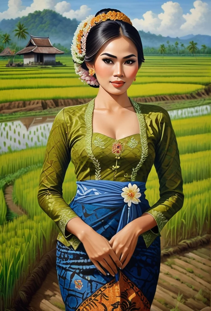 beautiful busty javanese peasant woman donning a brocade kebaya dress and batik long skirt, simple bun hairdo with small beautiful flowers in her hair, insanely detailed and intricate rice field background, oil on canvas painting, realistic style, heavily influenced by Don Lawrence photorealistic brush stroke style