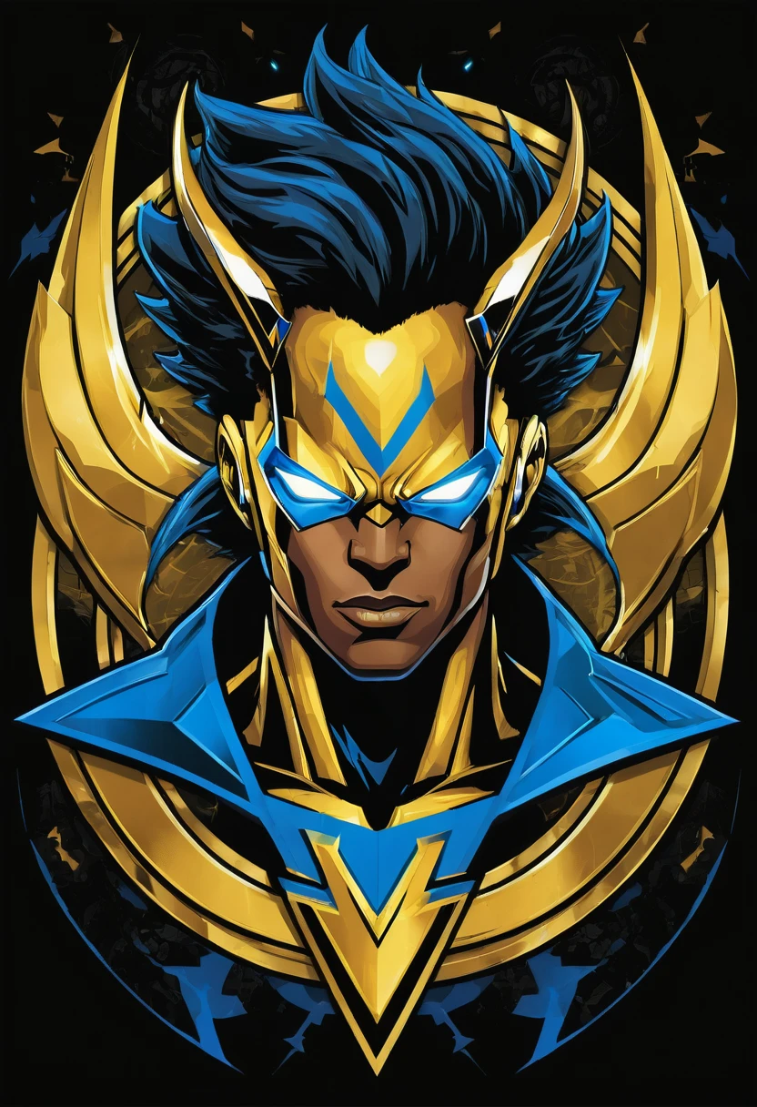 thunder in golden color, team emblem, black with blue details, Static Shock from Werner Bros reference,
