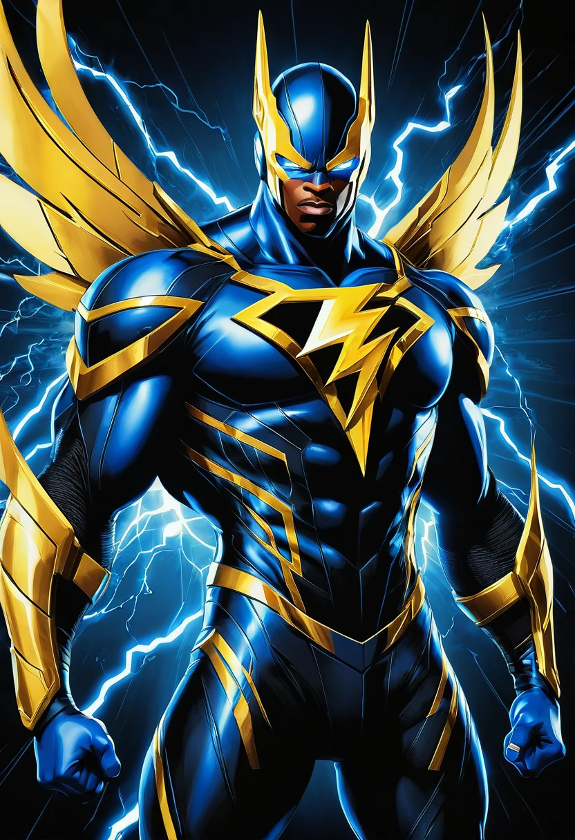 thunder in golden color, team emblem, black with blue details, Static Shock from Werner Bros reference,