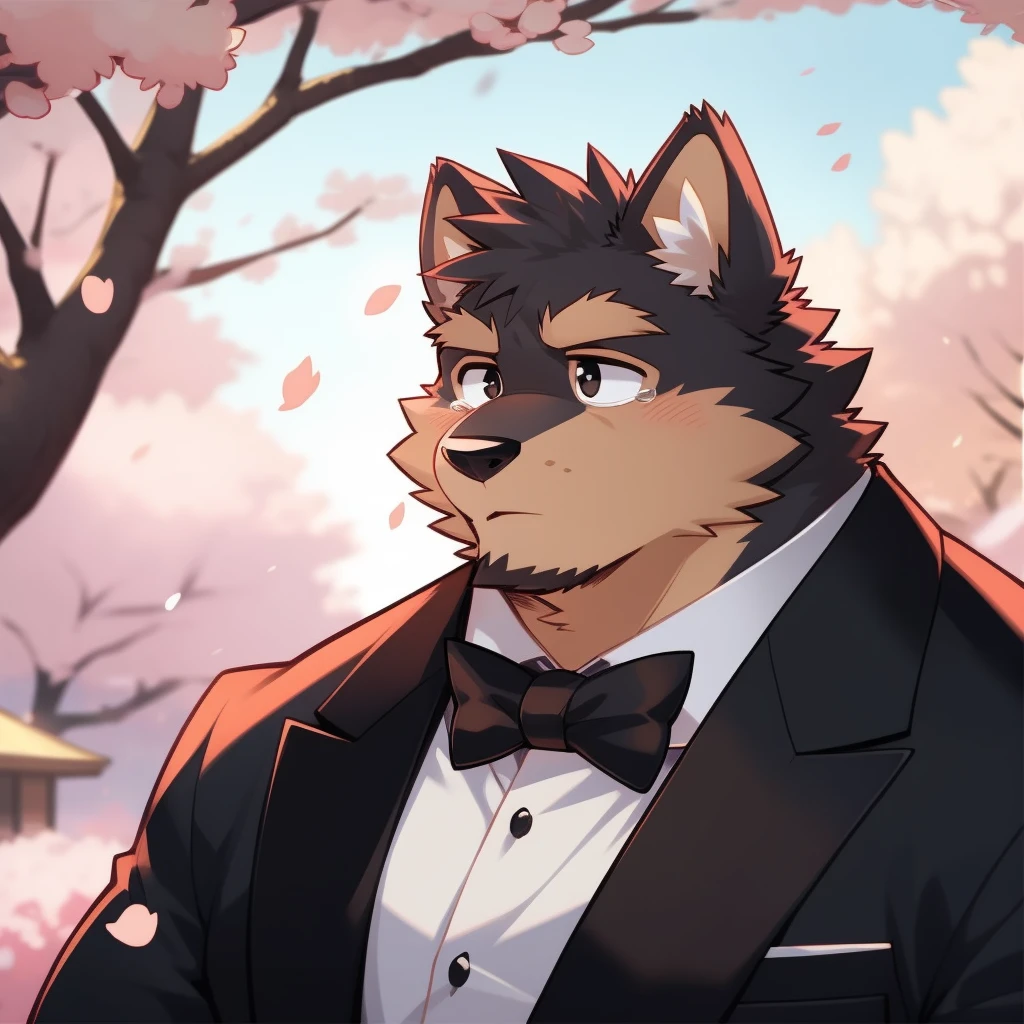 Scribble 德国牧羊dog face,cry,Humanity(dog),(Formal wear:1.3),Muscular,(Brown eyebrows:1.1),(Close one eye:1.2),(Perfect black eyes),Cherry blossoms,Black fur。(artist:Takemoto Arashi)