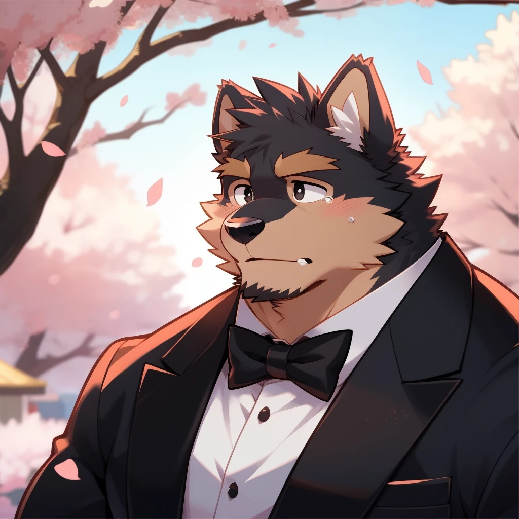 Scribble 德国牧羊dog face,cry,Humanity(dog),(Formal wear:1.3),Muscular,(Brown eyebrows:1.1),(Close one eye:1.2),(Perfect black eyes),Cherry blossoms,Black fur。(artist:Takemoto Arashi)