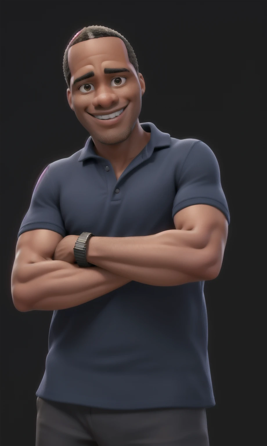 40-year-old light-skinned black man, military style haircut, smiling, of crossed arms, thin with some muscles and no beard 