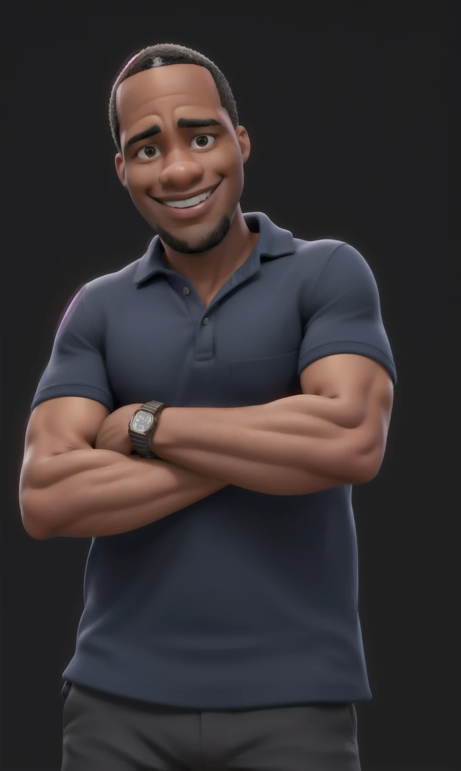 40-year-old light-skinned black man, military style haircut, smiling, of crossed arms, thin with some muscles and no beard
