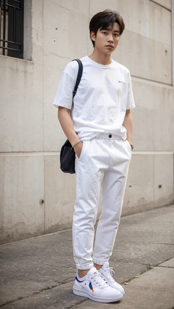 Boy korean shape white pants, white sneakers