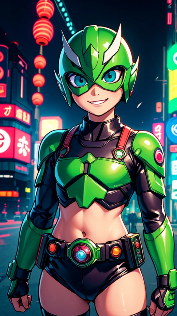 (8k),(masterpiece),(Japanese),(8--old l),((innocent look)),((Childish)),From the front,smile,cute,Innocent,Kind eyes,Flat chest,green helmet,green domino mask,Mulan, bald,no Hair,Strong wind,night,dark, Neon light cyberpunk city,Kamen_Rider,camisa