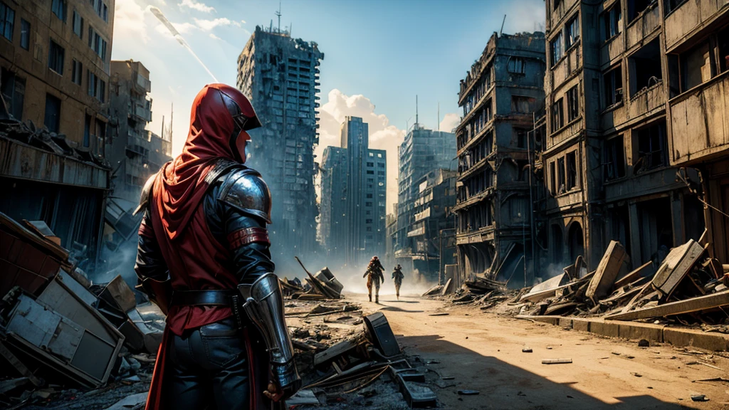 hdr, best 24k image, with shining armor a templar soldier, with a red hood, in front of a destroyed city, ruins fire, smoke, clear day