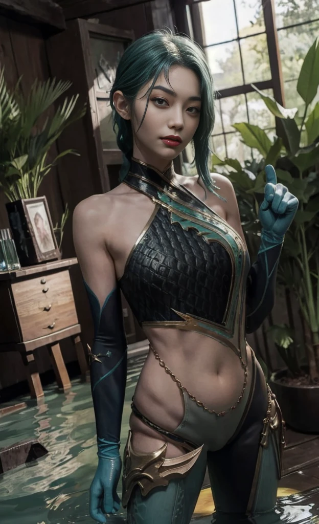 (The tall girl puts her hand in front of her and points to the side), combat pose, BREAK, (Dark background, Bamboo forest), (Slender_thights:1.3), ((big breastes)), Slender_thights, aqua hair, 1girl, solo, (Miniature body:1.4), generous cleavage, Posing, detailed anatomy, the perfect body, Detailed body, detailized face, Beautiful anatomical eyes. BREAK Kaisa Dragon Lagoon, The BREAK is very detailed, Intricately detailed art, Artstation's Detailed Triadic Color Trend in Unreal Engine 5, 8K resolution, deviantart masterpiece.
