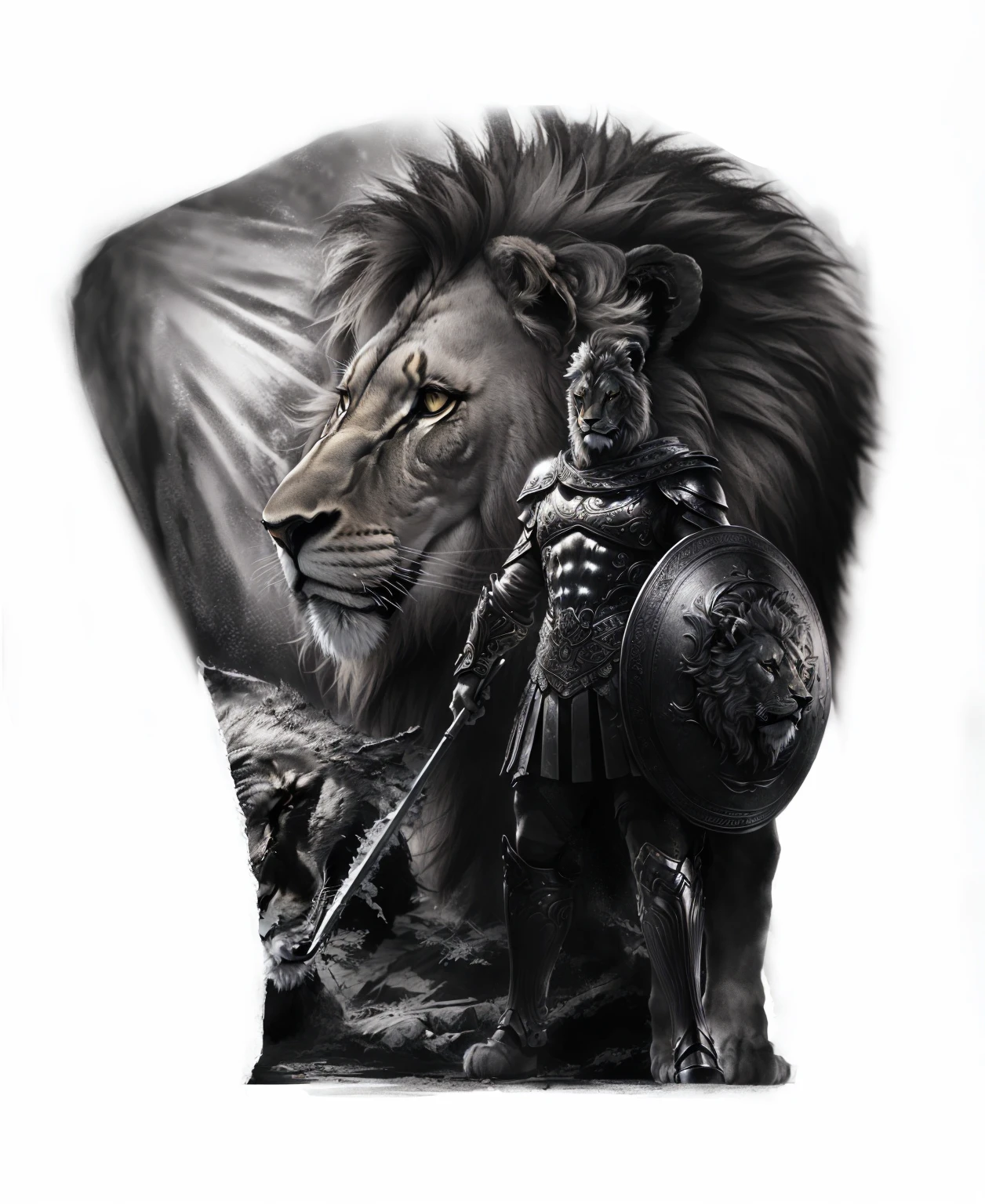 Close-up of a lion,There is a warrior on the lion's back, Lion Warrior, realism tattoo design, 3D tattoo designs, detailed Airbrush Art, Single color spray gun, 2d full body lion, realism tattoo drawing, Airbrush Rendering, author:Pogus Caesar, realism tattoo sketch, Realistic black and white, spartan warrior, realism tattoo, Airbrush Art