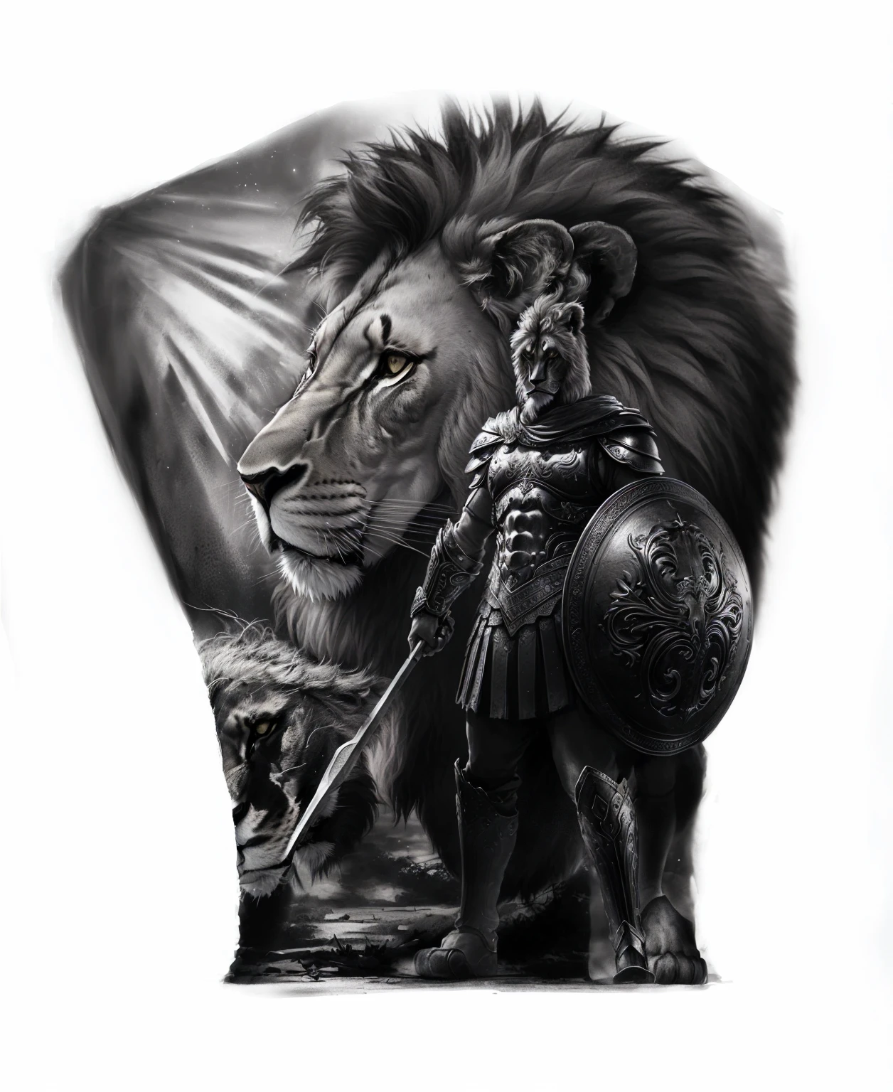 Close-up of a lion，There is a warrior on the lion&#39;s back, Lion Warrior, realism tattoo design, 3D tattoo designs, detailed Airbrush Art, Single color spray gun, 2d full body lion, realism tattoo drawing, Airbrush Rendering, author：Pogus Caesar, realism tattoo sketch, Realistic black and white, spartan warrior, realism tattoo, Airbrush Art