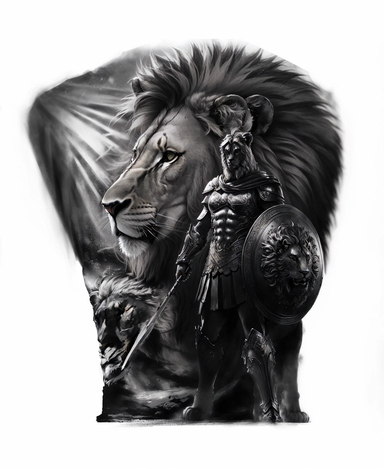 Close-up of a lion,There is a warrior on the lion's back, Lion Warrior, realism tattoo design, 3D tattoo designs, detailed Airbrush Art, Single color spray gun, 2d full body lion, realism tattoo drawing, Airbrush Rendering, author:Pogus Caesar, realism tattoo sketch, Realistic black and white, spartan warrior, realism tattoo, Airbrush Art