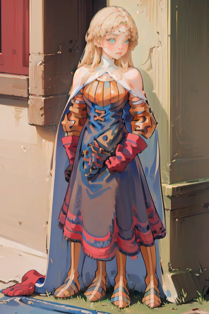 (masterpiece, best quality), 1girl, KnightFFT, long hair, blonde hair, blue eyes, cape, armor, blue dress, belt, gloves, boots,