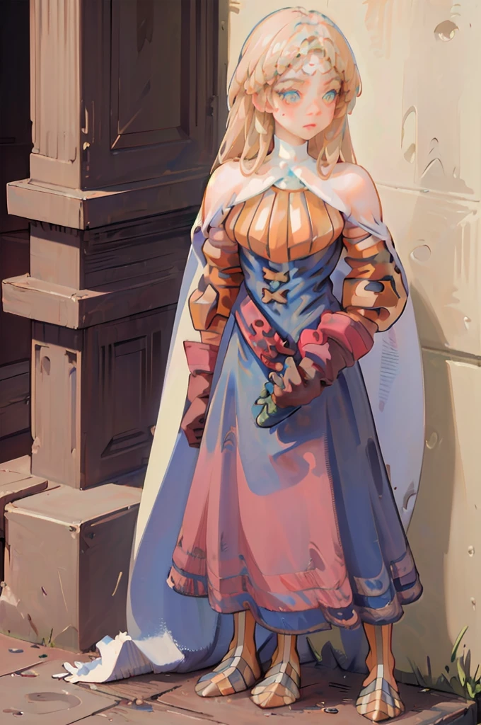 (masterpiece, best quality), 1girl, KnightFFT, long hair, blonde hair, blue eyes, cape, armor, blue dress, belt, gloves, boots,
