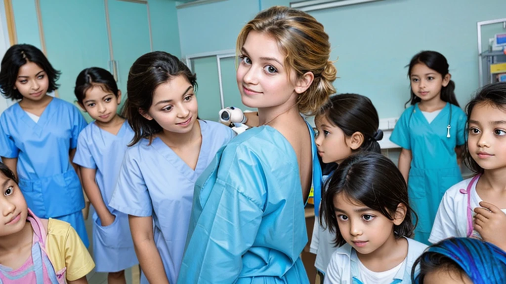 a beautiful pediatric doctor surrounded by children in a hospital