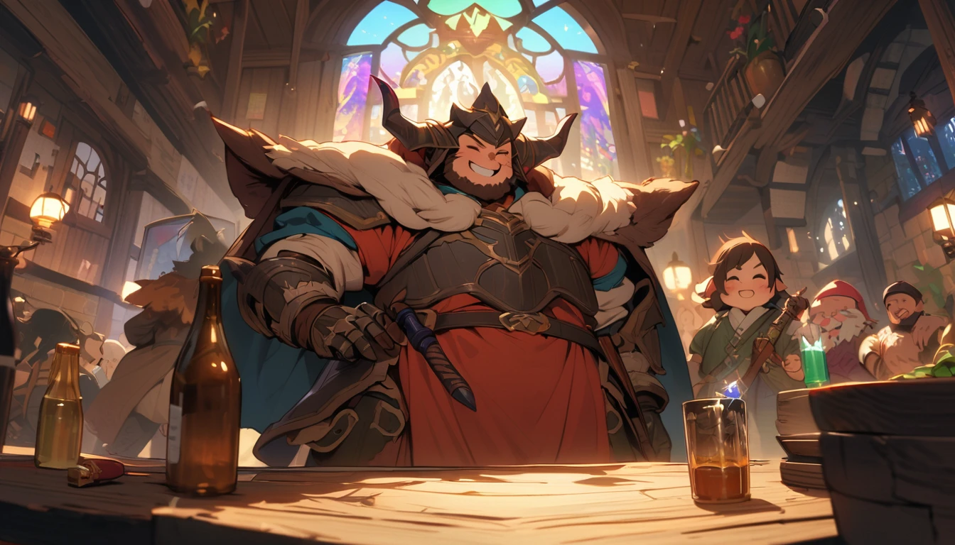 (masterpiece:1.4), (Highest quality:1.4), Very detailed, Complex, Very detailed, shape,Soft lighting, Tavern, More than one personで語り合う, Hopeful Face, smile, More than one person, Mixed gender, a group of adventurers, character from RPG games, (character: human, Fairy, Fairy, Dwarf, The Hobbit), (exterior: Swordsman Style, Shaman Style, Monk Style, Magician style), (belongings: Long sword, dagger, Holy Staff, Magic wand, shield, metal armor, Leather Armor), Perfectly accurate anatomical shape、All limbs intact、Perfect full finger, Colorful characters, Drinking alcohol and having fun,Huge excitement,looks fun, Huge, Majestic, Uplifting expressions, みんなのsmileが素晴らしい.