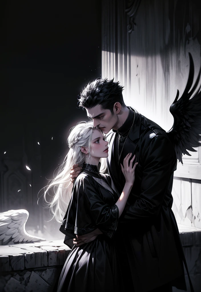 (masterpiece, top quality, best quality, official art, beautiful and aesthetic:1.2), extreme detailed, (fractal art), (black and white:1.5), (a girl embracing a shadow man in all black:1.5), (embracing), (tragic), large angel wings, dynamic angel, long hair flowing, occult, (oil painting), gloomy, holy, black background, side view, white hair 