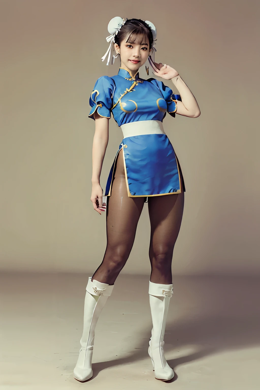 (((full body:1.4,simple background:1.4),Chun-Li from Street Fight II,perfect chun li costume,Blue cheongsam with gold lines,Bun head,bun cover,fighting pose,masterpiece、1 beautiful girl、fine eyes、puffy eyes、highest quality, 超High resolution, (reality: 1.4), movie lighting、Japanese、asian beauty、Korean、super beautiful、beautiful skin、body facing forward、(超reality的な)、(High resolution)、(8k)、(very detailed)、(美しくfine eyes)、(Super detailed)、 (wall-)、detailed face、bright lighting、professional lighting、looking at the viewer、look straight ahead、slanted bangs、Nogizaka Idol、korean idol、masterpiece, highest quality, masterpiece, highest quality, perfect face, perfect brown eyes with white sclera, bad move-5, alone, 1 girl, Upper body, brown hair, From SF2, Chinese service, smile, muscular woman, blue clothes, pantyhose, pelvic curtain, Puffy short sleeves, Good cover, sash, evaluation:safety