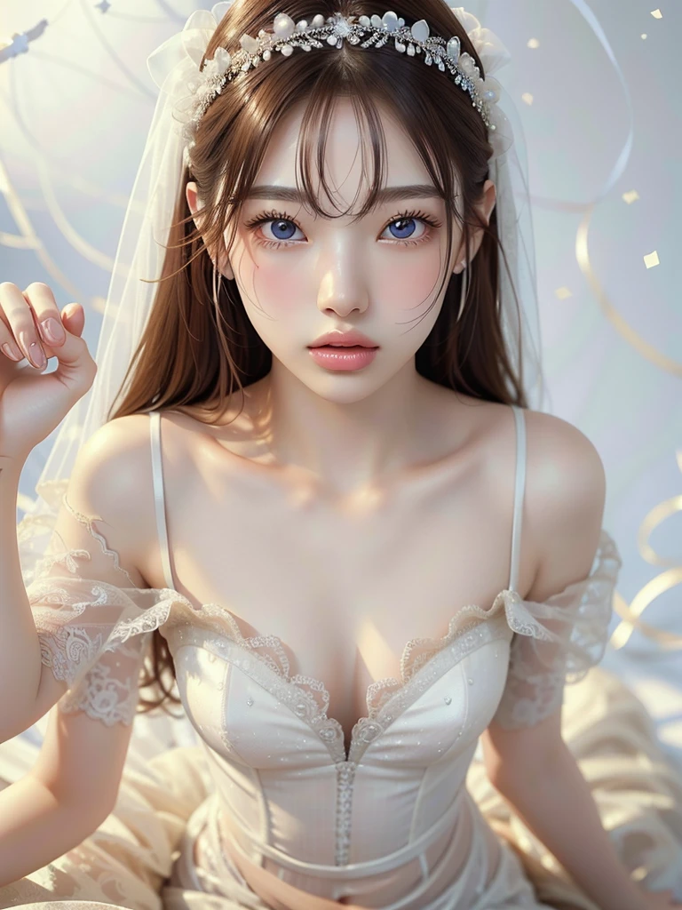 8k,Confused, High resolution, Very detailed, 1 Girl, alone, Very beautiful eyes, Ultra-precise depiction, Very detailed depiction, (Tangled:1.2), , (White high key background:1.5), (Wedding dress:1.2), See-through、Off the shoulder、Short platinum blonde, (Shiny skin), Many colors, , (Shooting from above:1.2),、Flat Body、slim、cute、、Round face、Cast a Shadow、See-through、