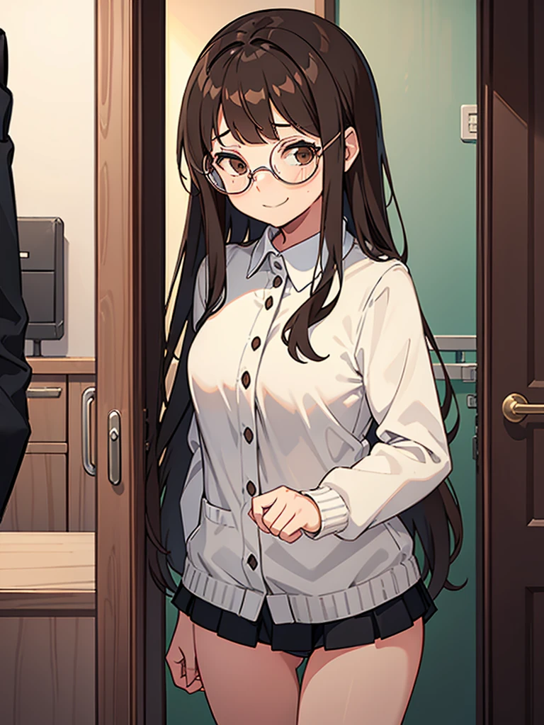 1 girl, medium construction, completely alone, ((round glasses)), long brown hair, blunt bangs, Brown eyes, (((perverted smile: 1.2))), sexy look, modern, (((contemporary))), Room background, panties, (((very embarrassed)))