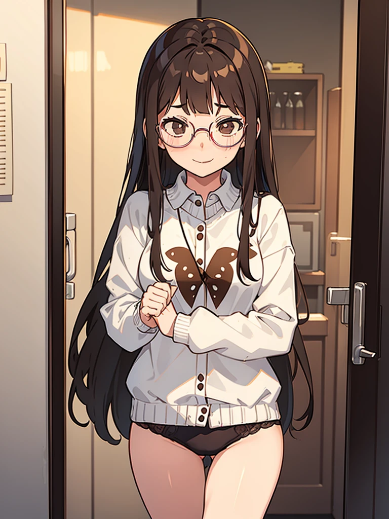 1 girl, medium construction, completely alone, ((round glasses)), long brown hair, blunt bangs, Brown eyes, (((perverted smile: 1.2))), sexy look, modern, (((contemporary))), Room background, panties, (((very embarrassed)))