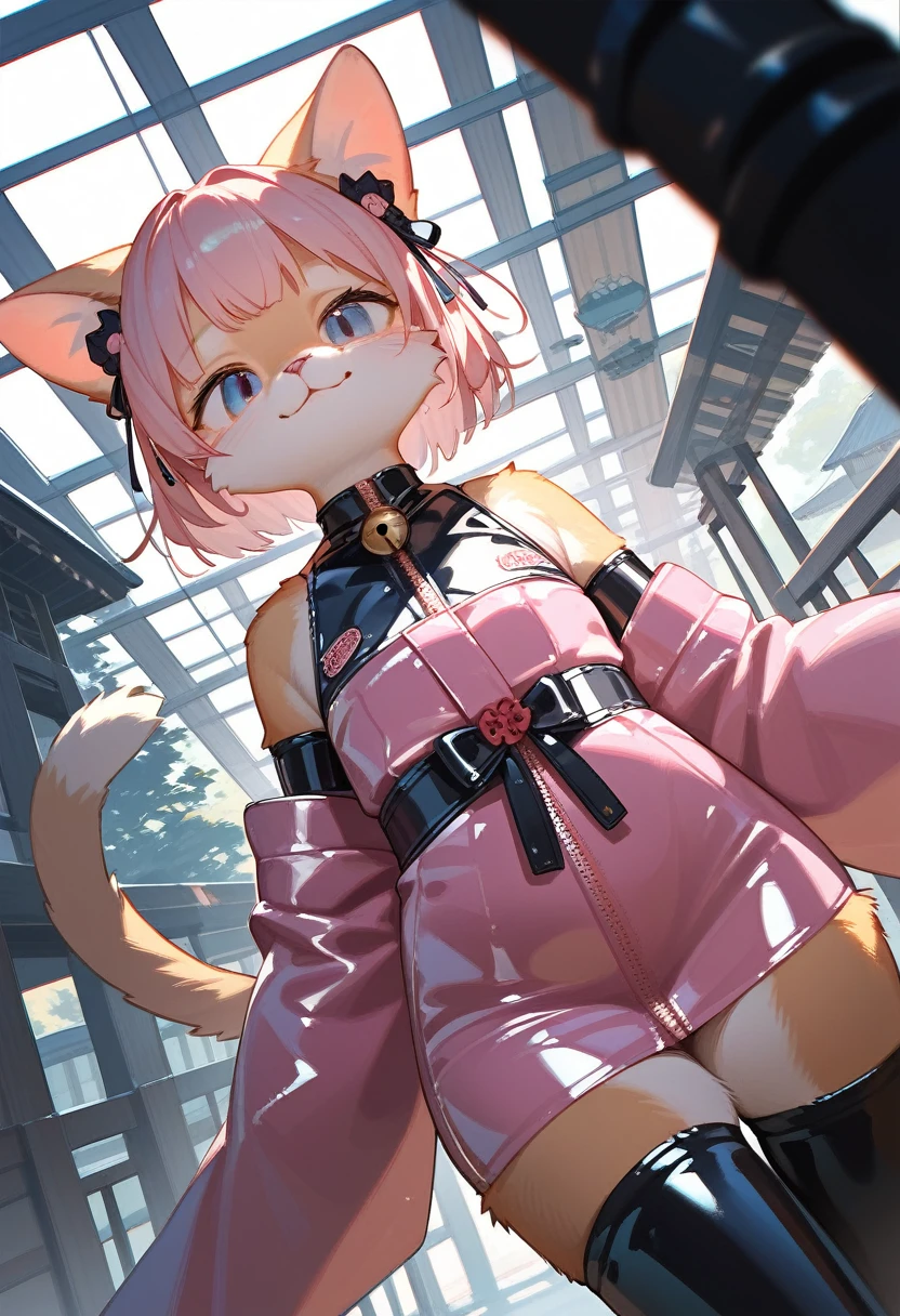 Highest quality, Highest quality, High quality illustrations, masterpiece, Ultra-high resolution, Detailed Background, Kyoto, Absurd, Perfect Anatomy, performance, Good lighting, Shadows in the movies(kemono, Furry PersonifiCation), Cat, Pink kimono, latex, rubber, Dynamic Angle