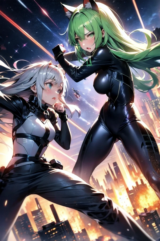 A silver-haired beautiful girl with cat ears eyes are green hair is silver and long clothes: a form-fitting black combat suit The fist is an afterimage The background is a city at night her is in a cat-like fighting pose The year is  monitor, Dark Night, Sweat, Steam of Exhalation, Space, Battle, Dynamic Angle　one girl