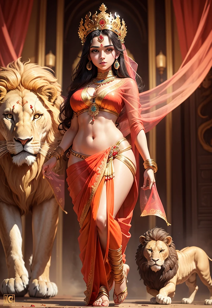 (Highly detailed), (Illustration), (Convoluted), (Beautiful face), (Attractive body), (Complete Body Picture), Modern Indian Goddess, (Transparent Red Sari), Dynamic Pose, God's Crown, (Lion Standing Nearby), Colorful, Eye-catching, Heavenly.