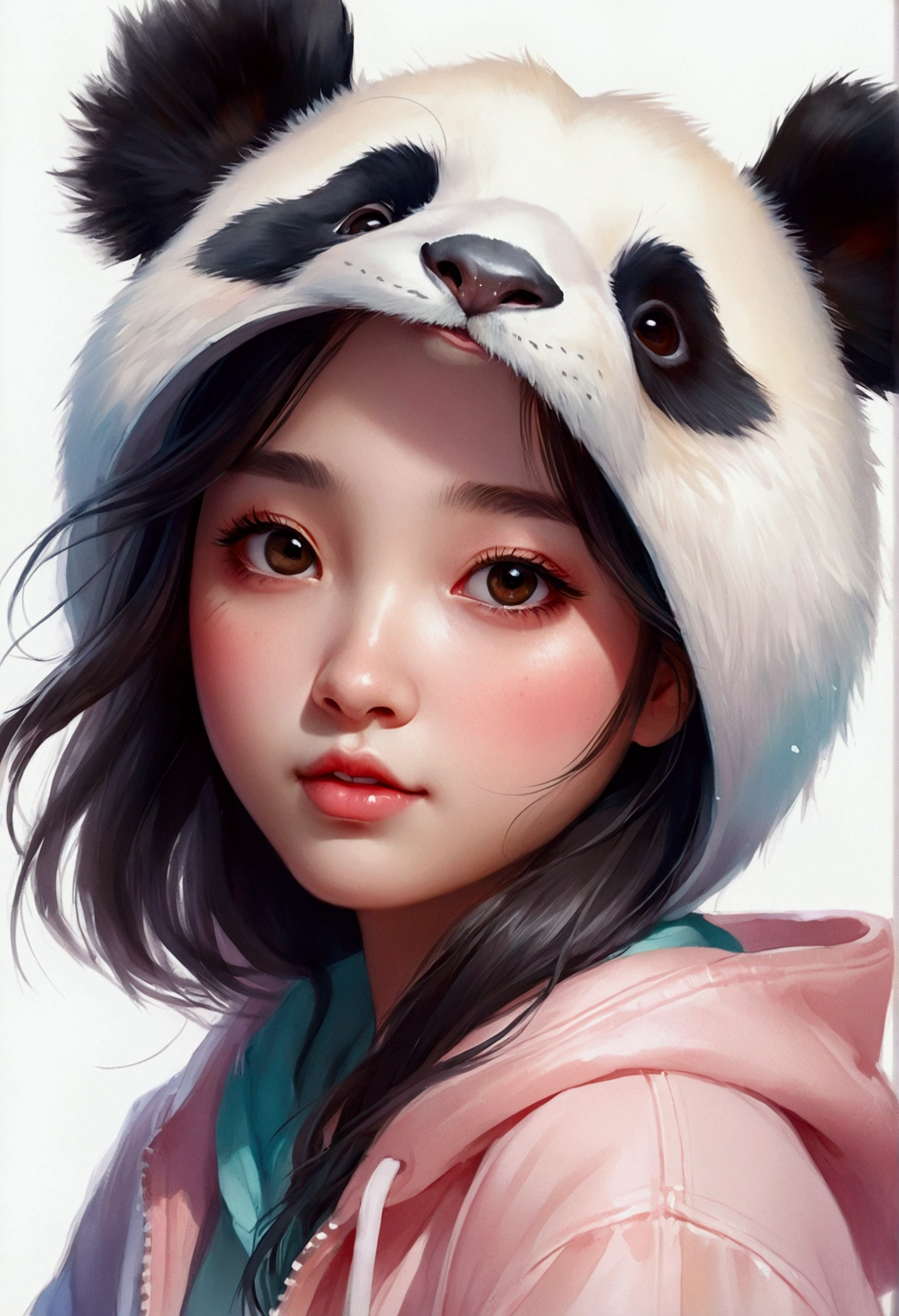 Beautiful with dreamy eyes, Panda, Cute Girls, Volumetric Light, Ultra-realistic, Intricate details, shape, Painting, watercolor, Cute Chibi, , Young, ah!, Shallow depth of field, Pastel Color Palette, Soft lighting, Minimum, Modern, Digital Painting, Lois Van Belle、Ross Tran、Art by artgerm, Artstation HQのトレンド, Very detailed