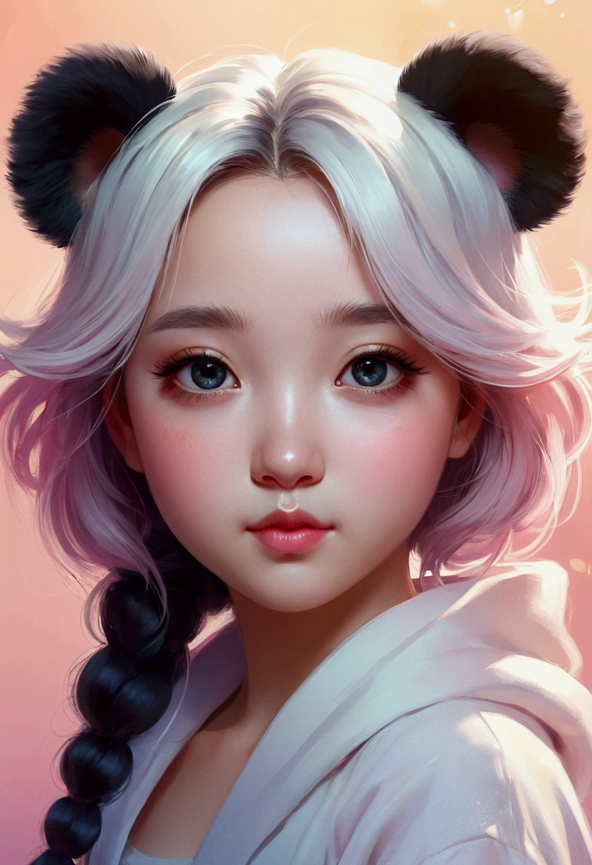 Beautiful with dreamy eyes, Panda, Cute Girls, Volumetric Light, Ultra-realistic, Intricate details, shape, Painting, watercolor, Cute Chibi, , Young, ah!, Shallow depth of field, Pastel Color Palette, Soft lighting, Minimum, Modern, Digital Painting, Lois Van Belle、Ross Tran、Art by artgerm, Artstation HQのトレンド, Very detailed