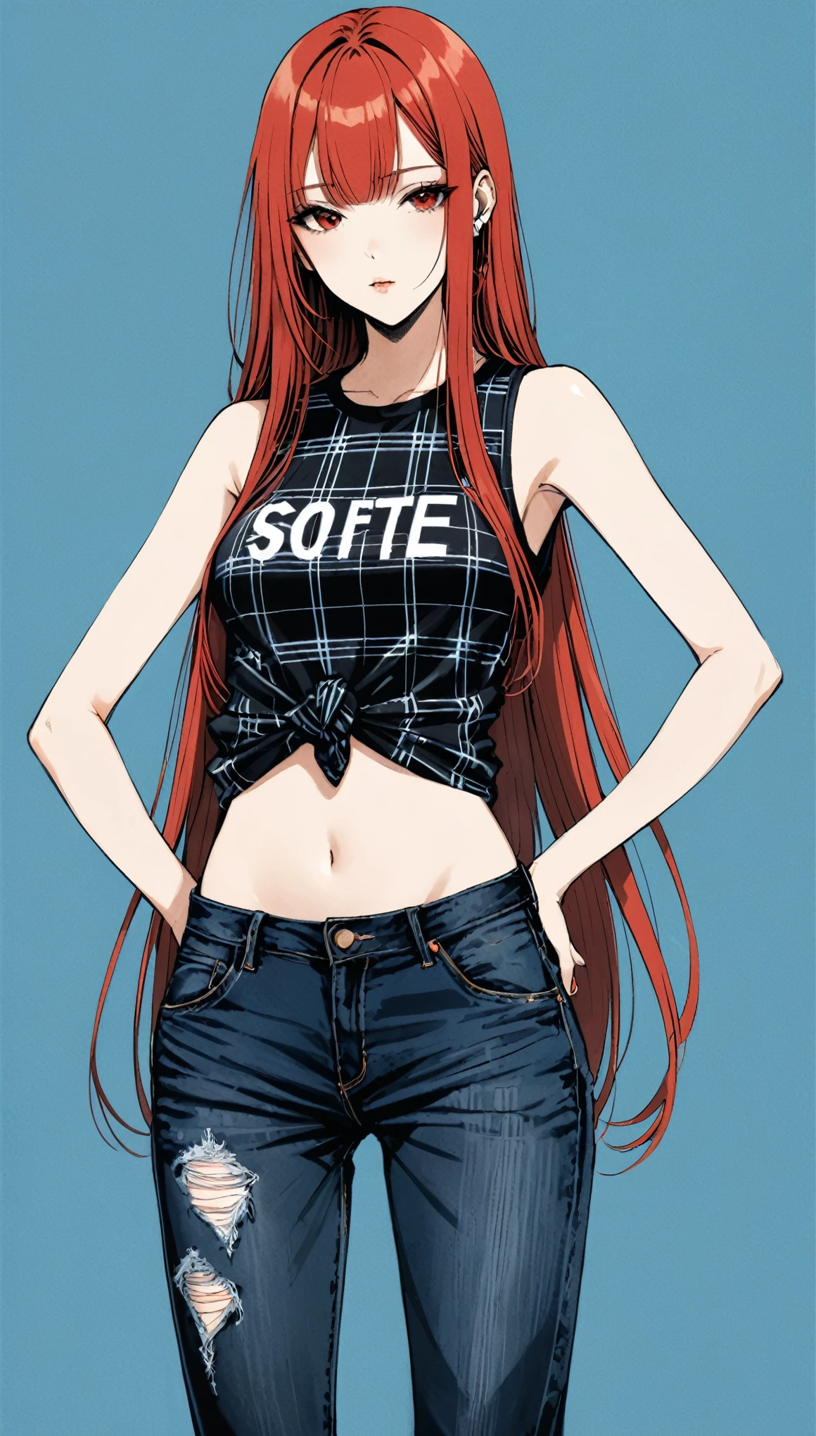 in style of Santiago Caruso,1girl,独奏，Blue Background，oversize ，Hip-hop style，Black plaid sleeveless T-shirt，T-shirt hem knot，Showing off the delicate abdomen，jeans的纽扣解开一颗，jeans，One hand behind your back，looking at viewer，(Soft and straight long hair:1.5)Red long hair，Simple style，wide angle,