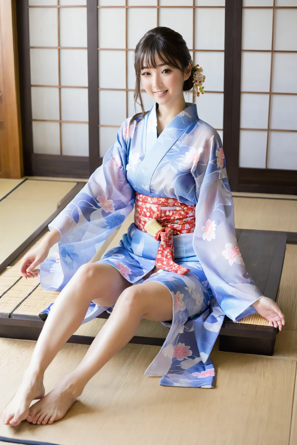 Wearing a transparent yukata、Woman sitting with legs spread