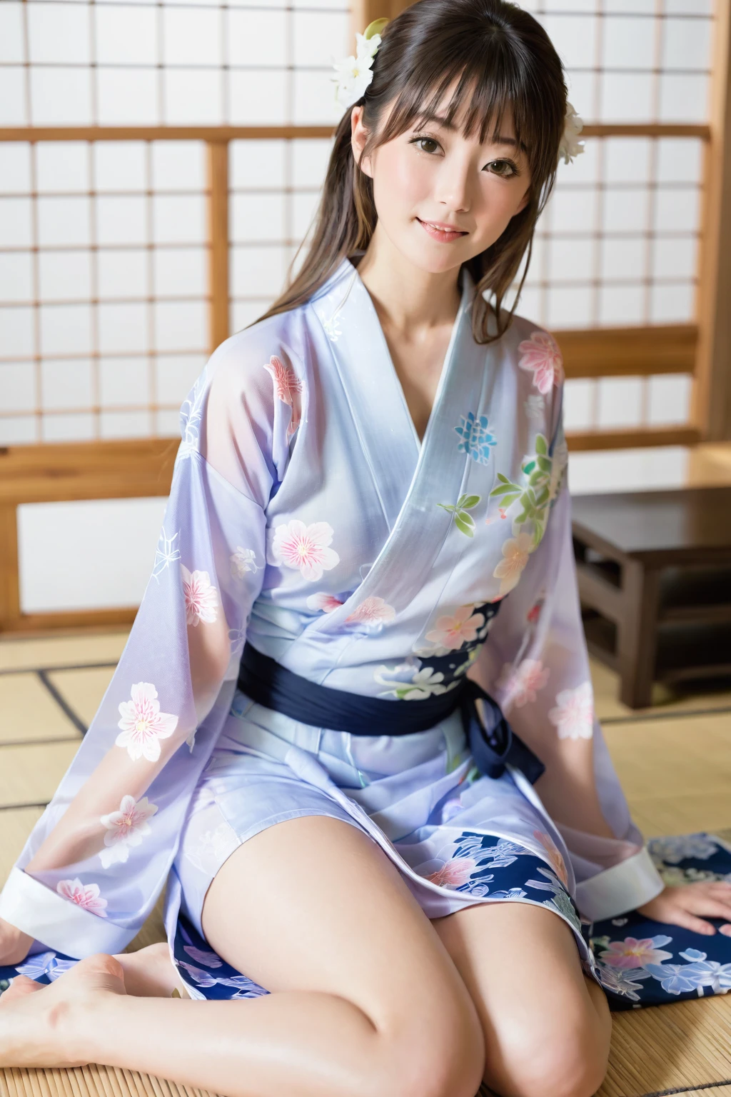 Wearing a transparent yukata、Woman sitting with legs spread