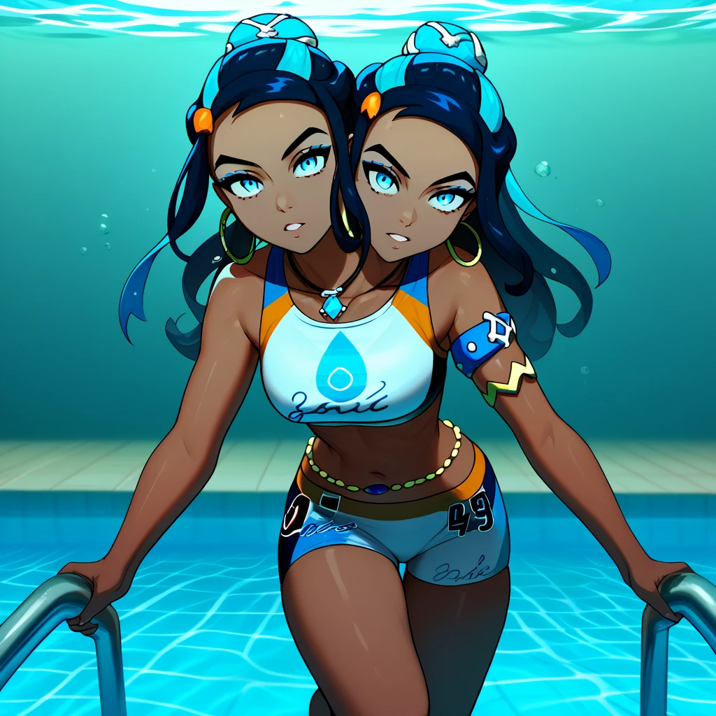 Conjoined, two heads, score_9, score_8_up, score_7_up,  EPpkNessa,, blue eyes, black hair, blue hair, streaked hair, single hair bun, dark skin, dark-skinned female,, swimsuit, sportswear, blue eyeshadow, makeup, bike shorts, belly chain, navel, jewelry, hoop earrings, midriff, necklace, bikini, crop top, armlet, underwater diving, swimming, looking at viewer, , swimming pool