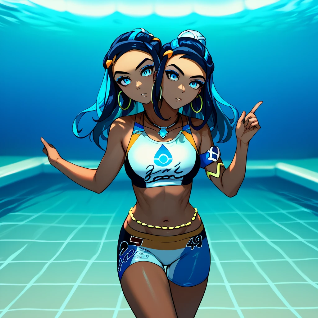 Conjoined, two heads, score_9, score_8_up, score_7_up, EPpkNessa,, blue eyes, black hair, blue hair, streaked hair, single hair bun, dark skin, dark-skinned female,, swimsuit, sportswear, blue eyeshadow, makeup, bike shorts, belly chain, navel, jewelry, hoop earrings, midriff, necklace, bikini, crop top, armlet, underwater diving, swimming, looking at viewer, , swimming pool