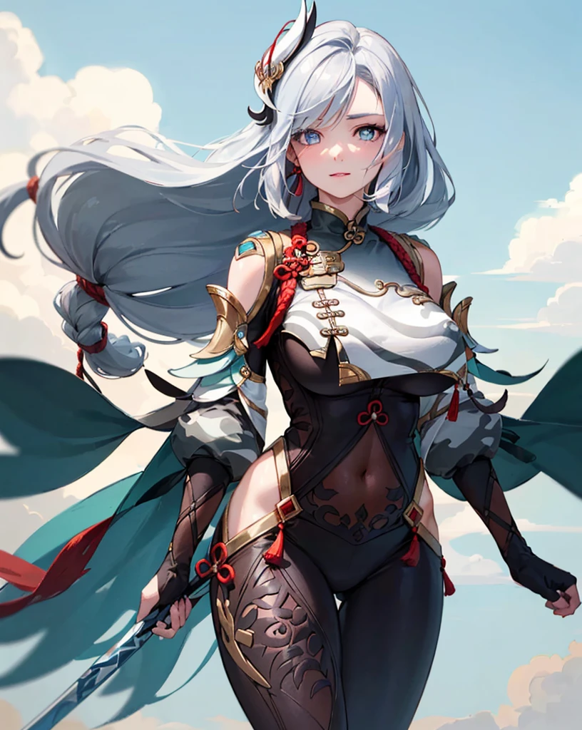 professional full body photo, cowboy shot, solo, 1girl, shenhe, smile, looking at viewer, hand on breast, (perfect detail eyes:1.2), glowing eyes, (long hair one braid:1.2), (Masterpiece, Best Quality, High Quality:1.4), professional artwork, Intricate Details, field of view, sharp focus, detailed painting, photorealistic lighting, trending on pixiv, (vivid lighting, vibrant colors:1.05), realistic shadows, ambient occlusion, (vibrant_color:1.2), (beautiful_face:1.5), (narrow_waist), (perfect hands, perfect anatomy), ((very huge breasts)), very wide hips, curvy, (((increase sharpness))), serious expression ((((very detailed eyes))))