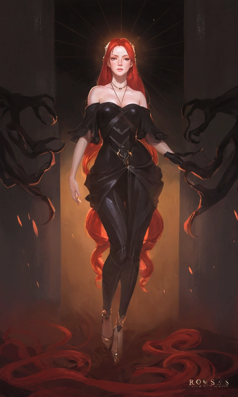 a closeup of a woman in a black dress and red hair, Oh! rossdraws, loish and Oh!, deviantart art station cgscosiety, Oh! art, Oh! |, art of Oh!, cushart krenz art key women, dark goddess with six arms, redhead goddess, krenzcushart