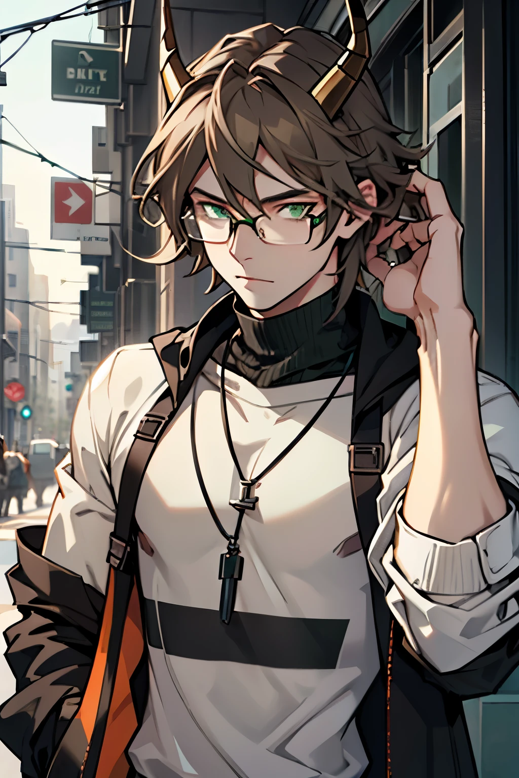 1 guy ZZ: Sagittarius Long dark brown hair Gray-green eyes   
 (pale skin)   
  (thin build)   (Glasses) 
horns
 (deadline) (chains) ( clothes in dark shades)
8 K, delalization of the eyes