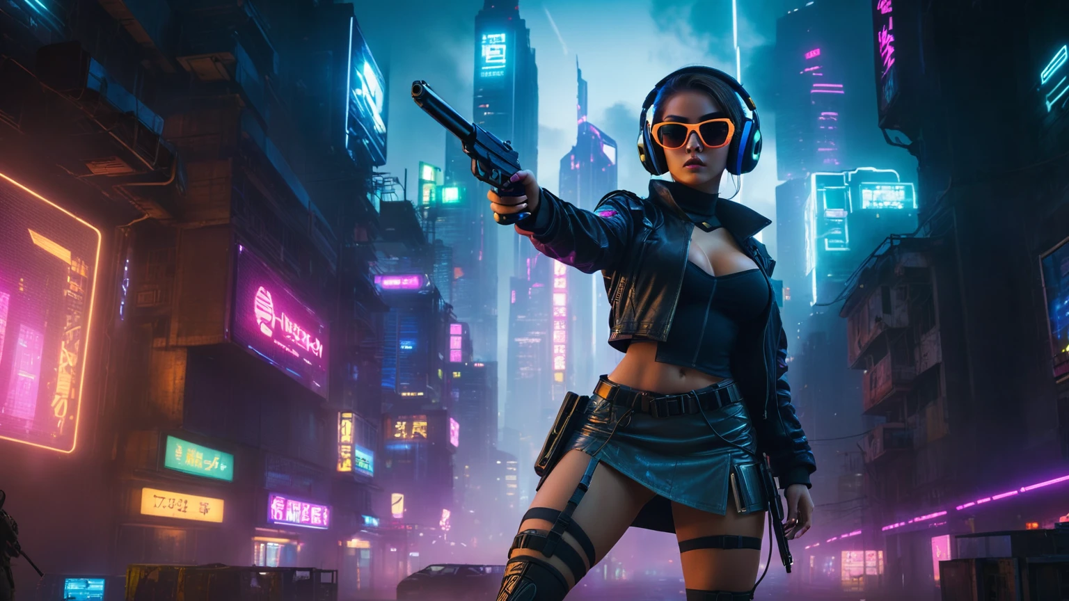 dark futuristic landscape, at night, neon lights, Atmospheric fog, large buildings in the background, futuristic city, streets with open shops, skyscraper (postapocalyptic city:1.3). (((1girl, solo, alone))), large-breast:1.2 slim body, cleavage:1.1, sexy miniskirt, (((headphone, black sunglasses, standing and holding pistol pose))), (((half-body thigh level medium shot))), cinematic lighting, lens flare, ray tracing.